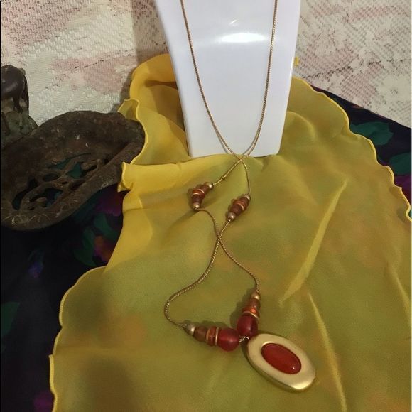 Vintage Necklace & Earrings Set Goldtone & Red Oval Beaded Necklace & Earrings - Picture 2 of 16